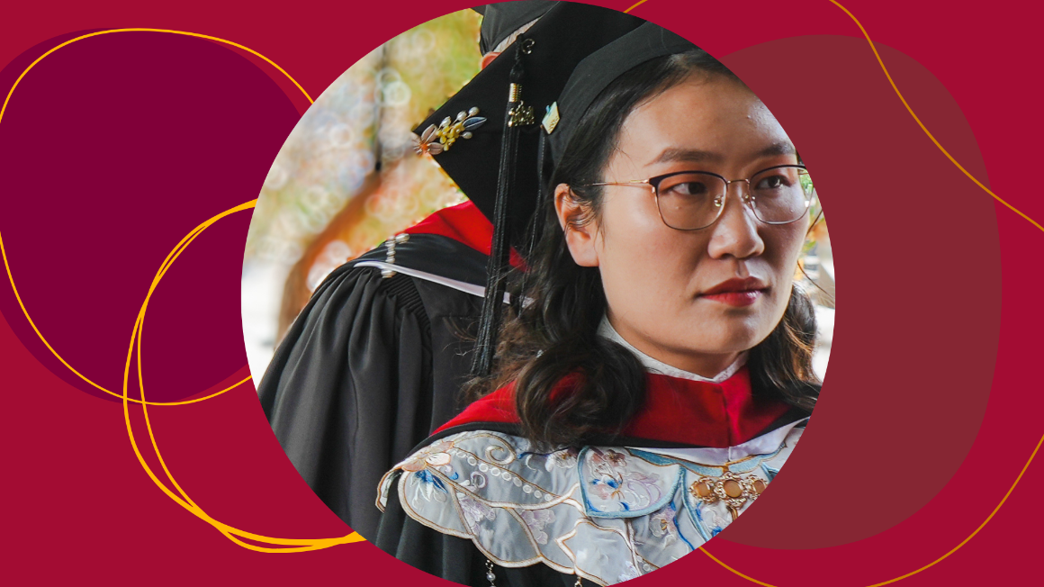 A woman in graduation regalia looking ahead of her. The background is red with abstract shapes.