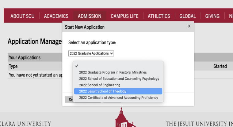 Santa Clara University application portal with login fields and application options.