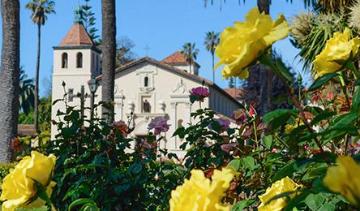 Mission Church with Yellow Roses in foreground