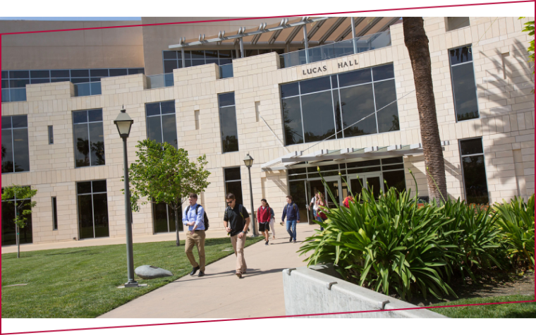 Students walking in and out of Lucas Hall