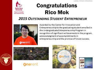 Congratulations Rico Mok 2015 Outstanding Student Entrepreneur award announcement with photos and text.