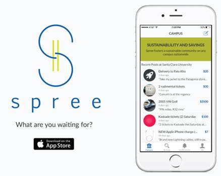 Spree app logo and interface on a smartphone screen with download on the App Store button.
