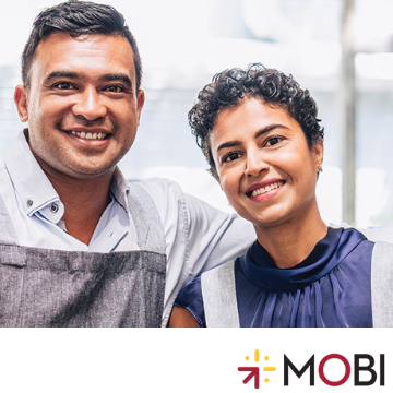 A smiling couple with aprons, accompanied by the logo and text MOBI.