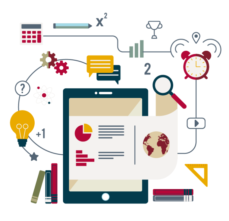 Illustration of digital tablet surrounded by various academic and technological icons.