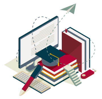 Illustration of books, a graduation cap, a pencil, and a computer screen.