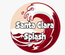 Logo with text Santa Clara Splash and a large red wave in the background.