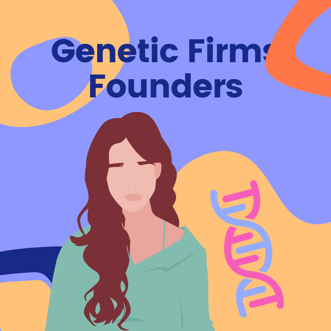 Illustration of a woman with text Genetic Firm Founders and a DNA helix.