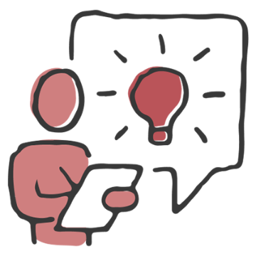 Icon of a person with a tablet and a lightbulb idea bubble.