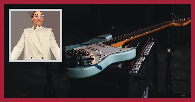 Leavey Executive Centers Black Corporate Readiness Board program alumna Amani Duncan headshot over a guitar