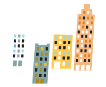 Four colorful high-rise buildings with windows and doors.