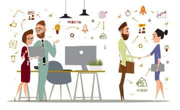 Illustration of professionals interacting, working, and networking in an office setting.