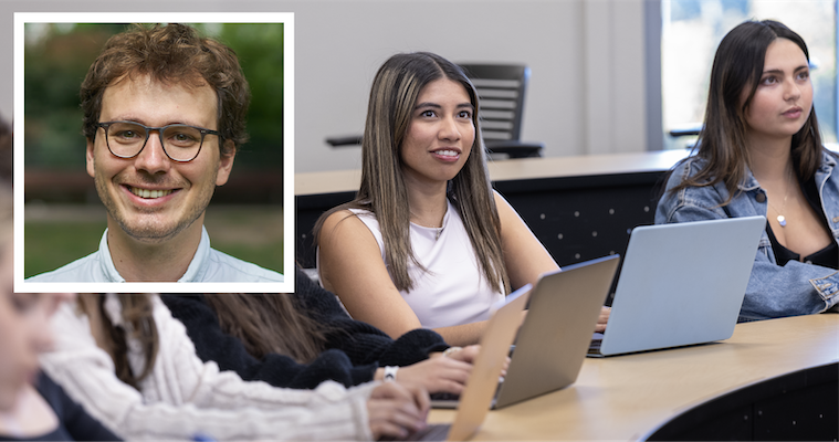 Professor Adrien Bouguens headshot over a photo of three Leavey students listening in the classroom