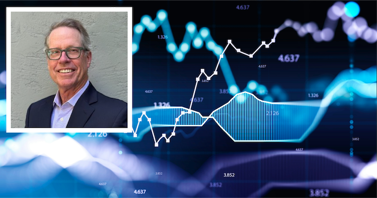 A professional headshot of Jim Hughes on the left, with a digital data visualization of fluctuating trends in blue and purple hues on the right.