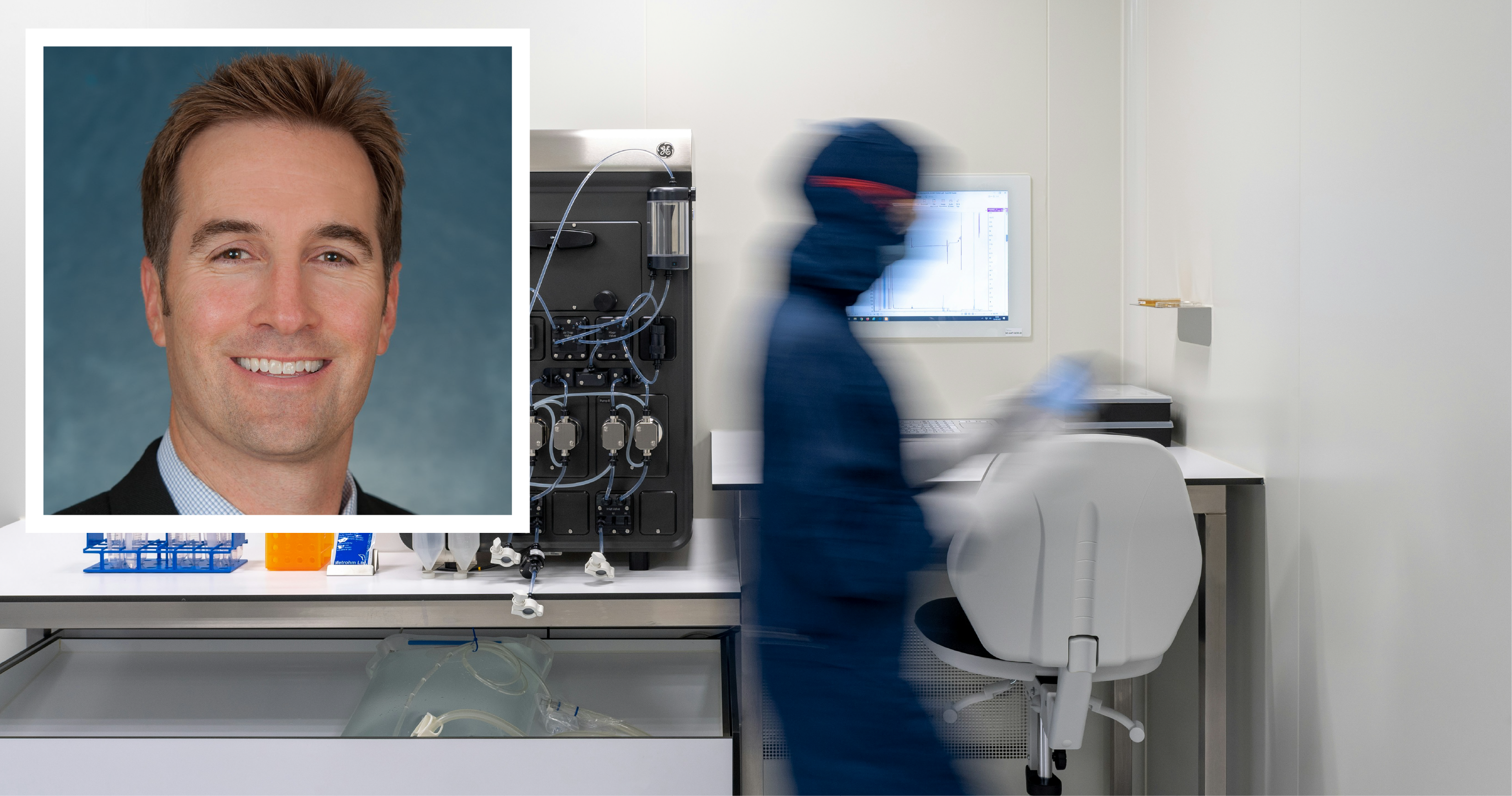 A person in a blue lab suit moves past equipment in a sterile lab. Inset: Mike Viskovich headshot