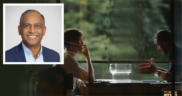 Composite image featuring a smiling headshot of Roy Maharaj and two people conversing at a table beside a window.