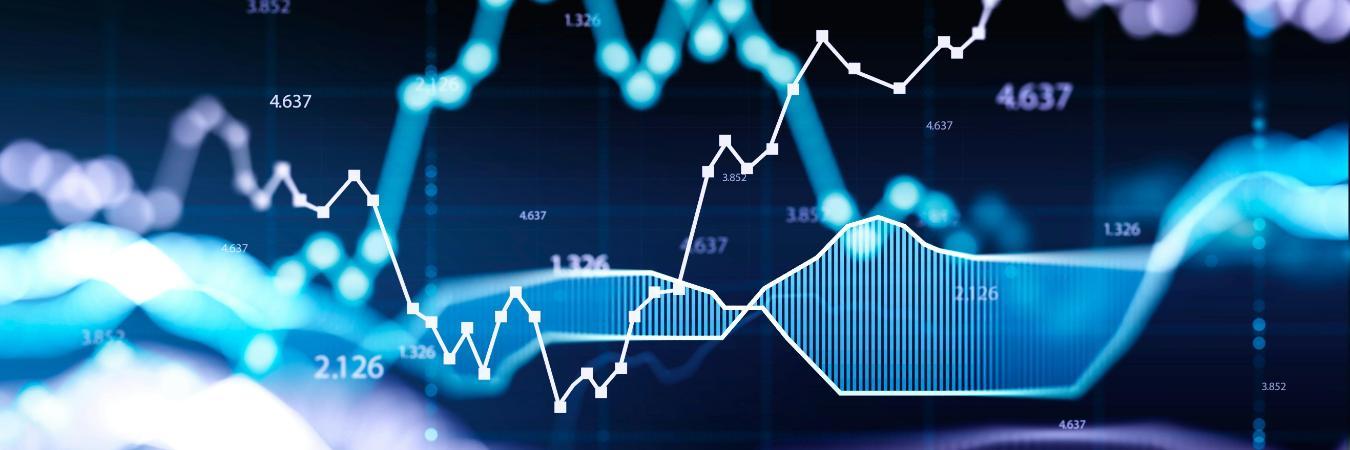 Concept of stock market and fintech data analysis. Blue and violet digital bar charts over dark blue background.