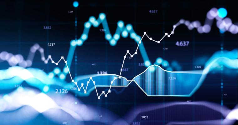 Concept of stock market and fintech data analysis. Blue and violet digital bar charts over dark blue background. image link to article