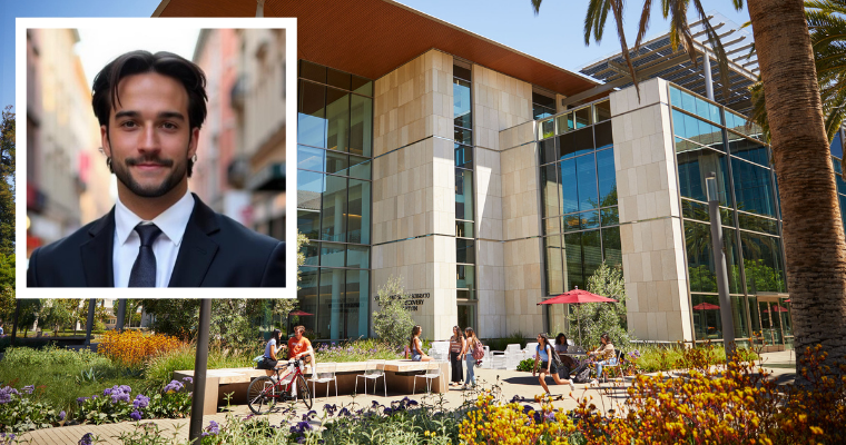Santa Clara University Sobrato Center for Discovery and Innovation overlayed with Nicolas Godoy headshot image link to article