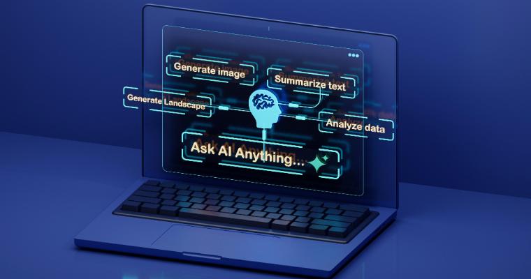 A laptop displays a holographic interface with phrases like Generate image and Summarize text image link to article