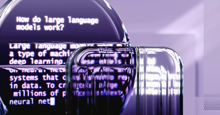 Text on a distorted glass surface reads: `How do large language models work?` and describes them as machine learning systems using neural networks and large data sets. image link to article