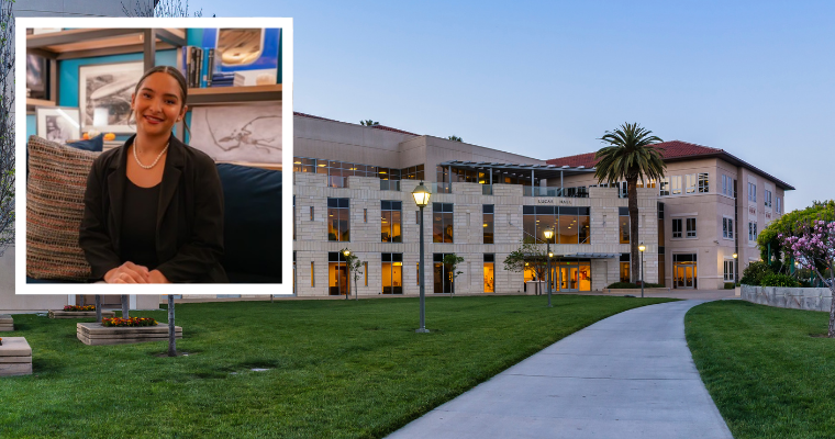 Lucas Hall, home to the Leavey School of Business, overlayed with Jayden Sanders headshot