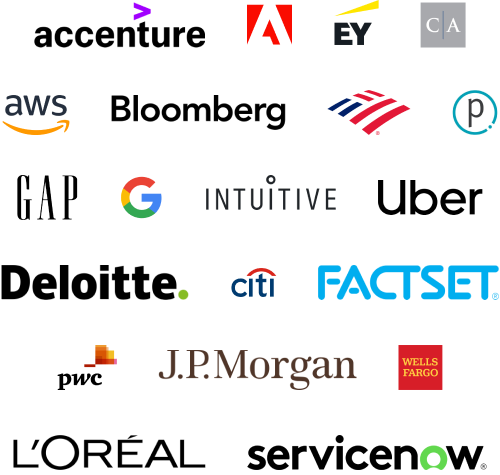 Logos for companies: Accenture, Adobe, Amazon Web Services, Bank of America, Bloomberg, Cambridge and Associates, Citibank, Deloitte, Ernst & Young, Factset, Gap, Intuitive Surgical, JP Morgan, LOreal, Protiviti, PwC, ServiceNow, Uber, Wells Fargo