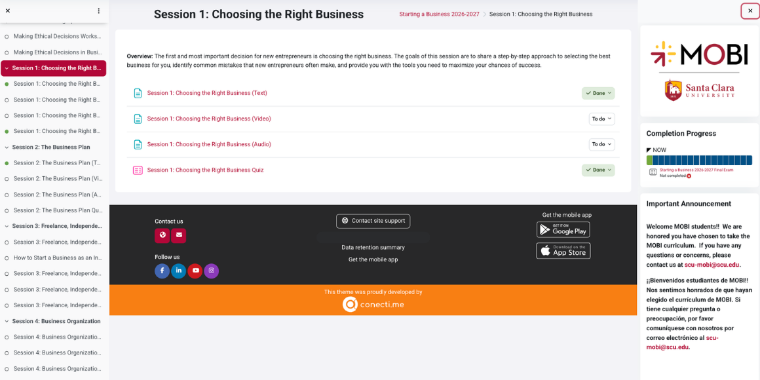 Session Progress and Quiz Progress Screenshot from MOBIs learning management system for Session 1 in the Starting a Business course.