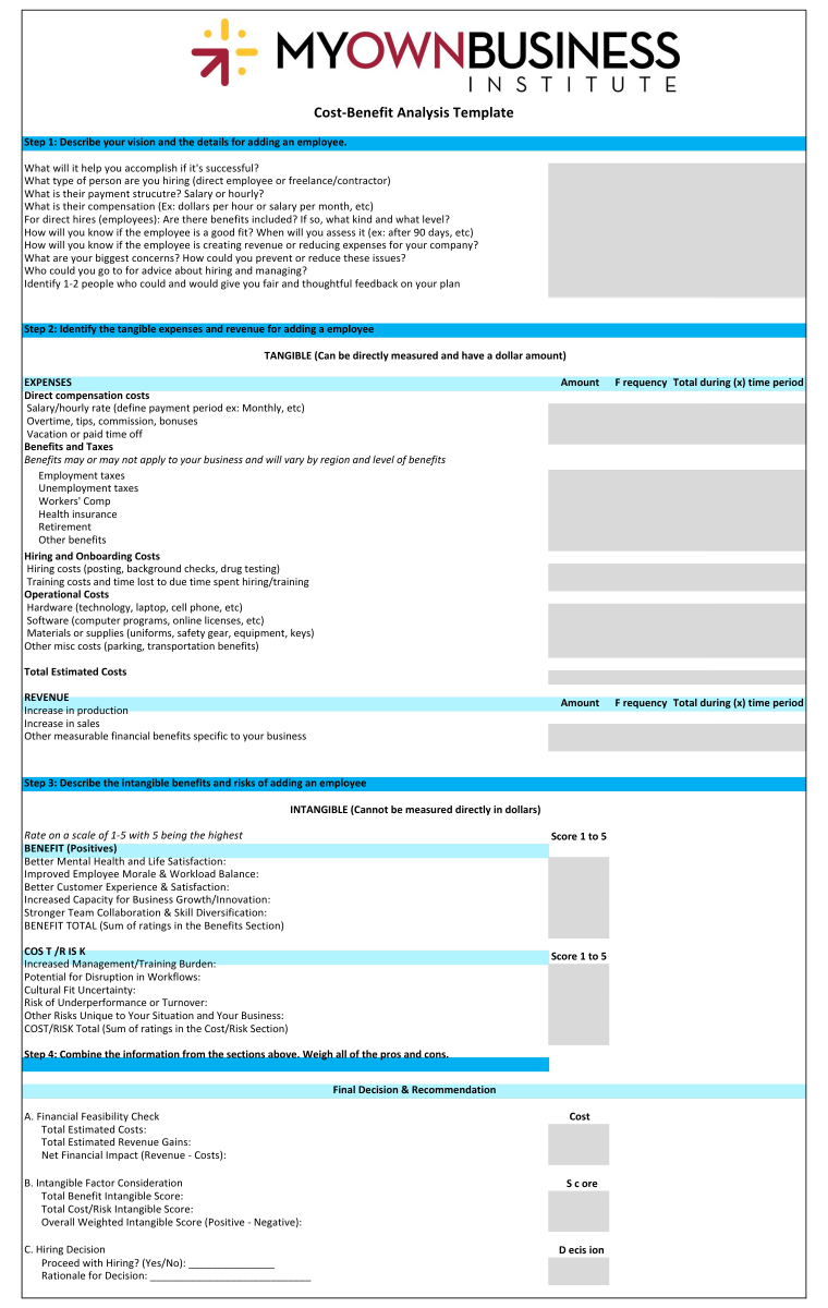 Screenshot of the downloadable MOBI Cost-Benefit Analysis Template Excel file showing a table to enter tangible and intangible costs and benefits.