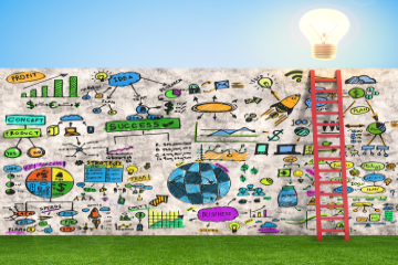 Illustration showing a ladder to a lightbulb and many business components 