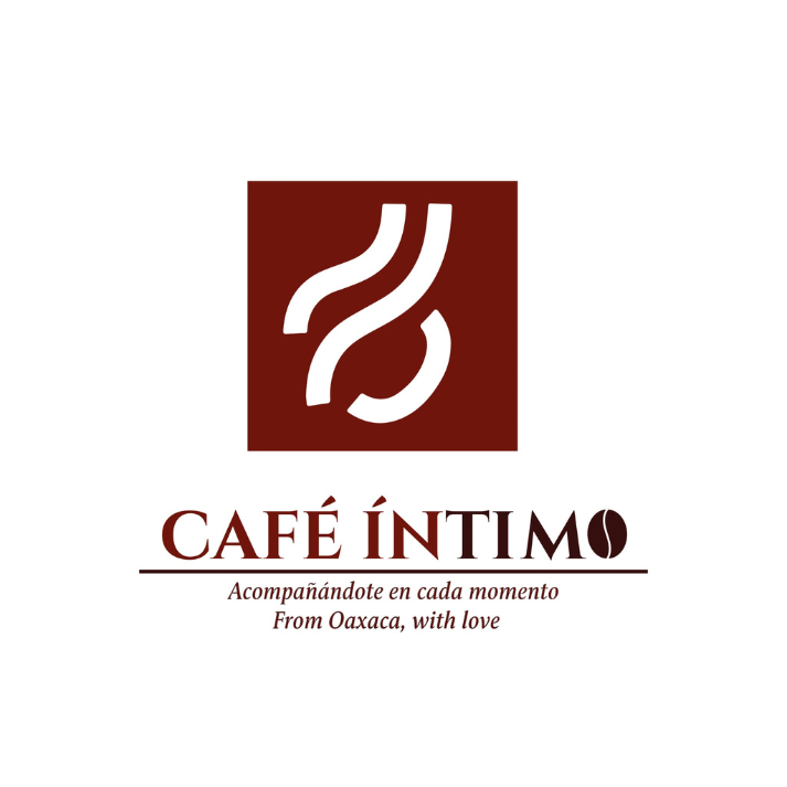 Logo for Café Íntimo featuring a dark reddish-brown square with abstract white wavy lines, followed by the brand name where the letter O is replaced with a coffee bean, and the taglines Acompañándote en cada momento and From Oaxaca, with love. 