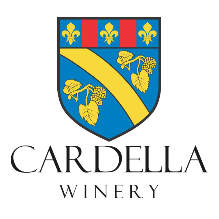 A blue crest sits atop the words Cardella Winery. The crest is blue and has three fleur de lis alternating with red stripes, above two grape vines and a curved yellow line. 