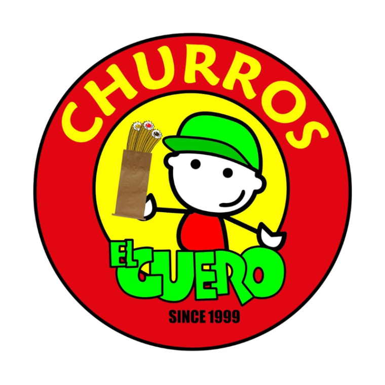 A red circle surrounds a smiling stick figure in a lime green hat and red shirt. In his left hand he holds a bag of three churros with filling. The words Churros El Guero | Since 1999 surround the design. 
