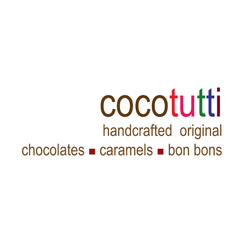 Coco is in brown, and tutti is in rainbow lettering. Beneath it reads: handcrafted original. Chocolates - caramels - bon bons 