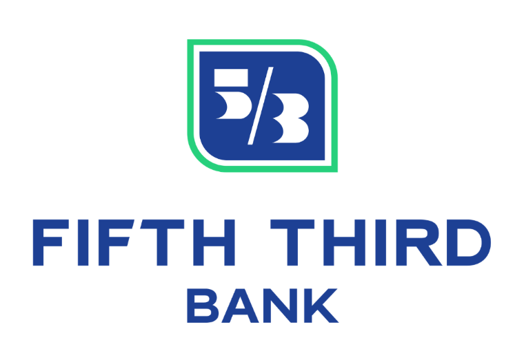 The numbers 5/3 sit in a blue box outlined by a green square. Beneath the numbers are the words Fifth Third Bank in blue. 