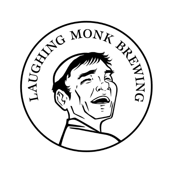 A monk laughs over his shoulder with the words Laughing Monk Brewing around his head 