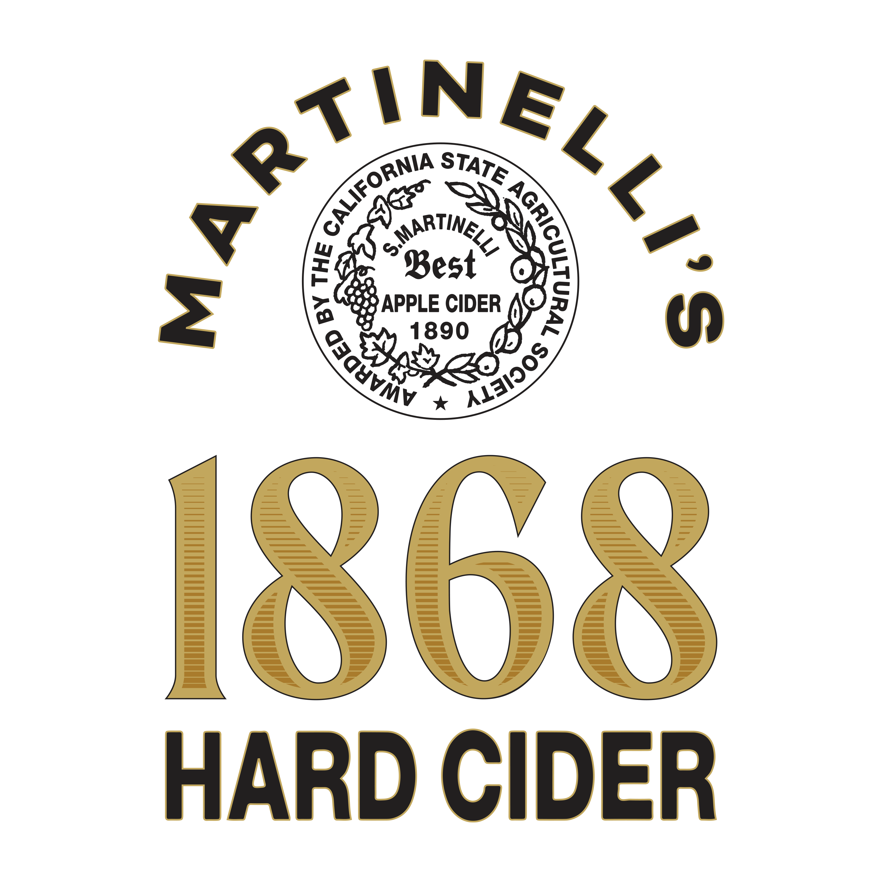The word Martinellis curves above a seal that reads: Awarded by the California State Agricultural Society -- S. Martinelli Best Apple Cider 1890. Below the seal, the year 1868 is bold and gold above the words Hard Cider 
