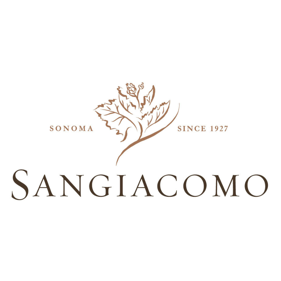 A grape leaf sits between the words Sonoma and Since 1927 and beneath is the word Sangiacomo 