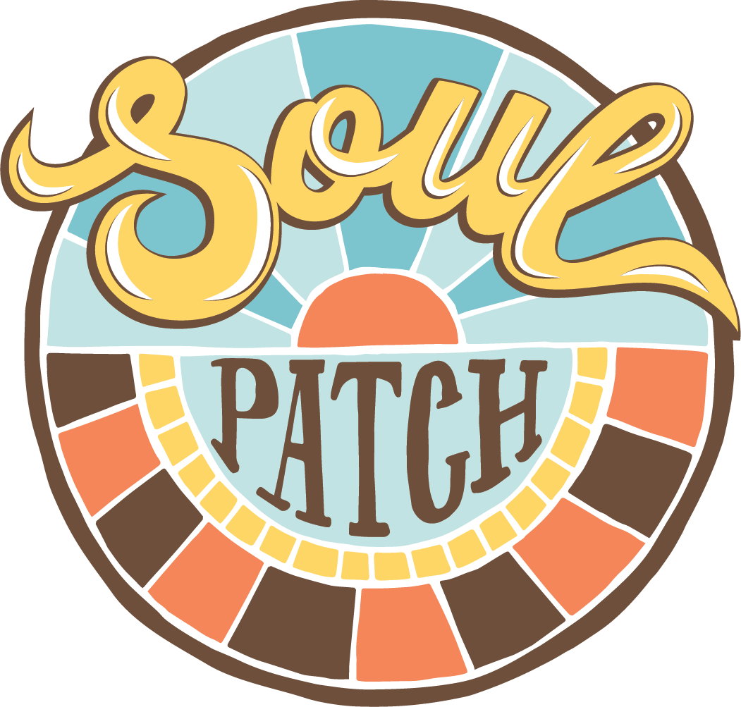 The word soul is in yellow cursive sitting atop a sunset. Beneath is the word patch in brown letters, surrounded by decorative stripes. 