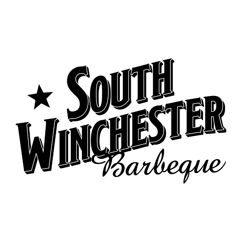 The words South Winchester sit atop the word Barbeque in cursive. Theres a black star next to the words. 