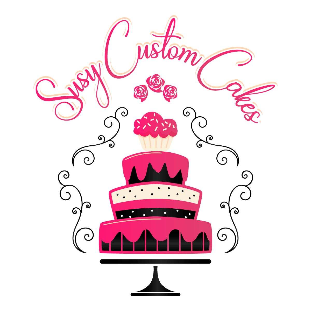 The words Susy Custom Cakes are in pink cursive and curve around a pink and black three-tiered cake sitting atop a cake stand. A cupcake with pink frosting and white sprinkles serves as the cake topper. Decorative swirls and three pink roses surround the cakes outline. 