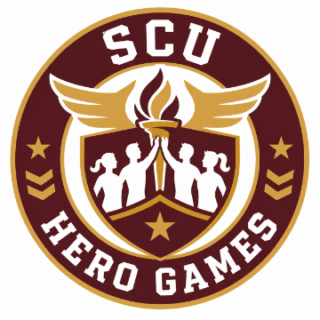 In the center of a round logo, four white silhouetted men and women hold aloft a torch with golden wings. Text surrounding them reads SCU Hero Games.