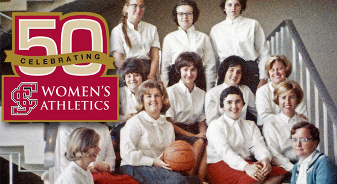 Group of women celebrating 50 years of womens athletics. 