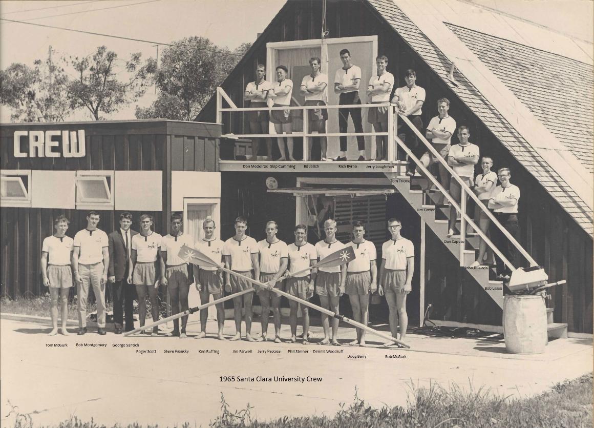 A group of young men in front of a building with a sign reading Crew. The men on the ground level are holding two crossed rowing oars and a row of men behind them are posed on a staircase. Each young mans name is given underneath him.