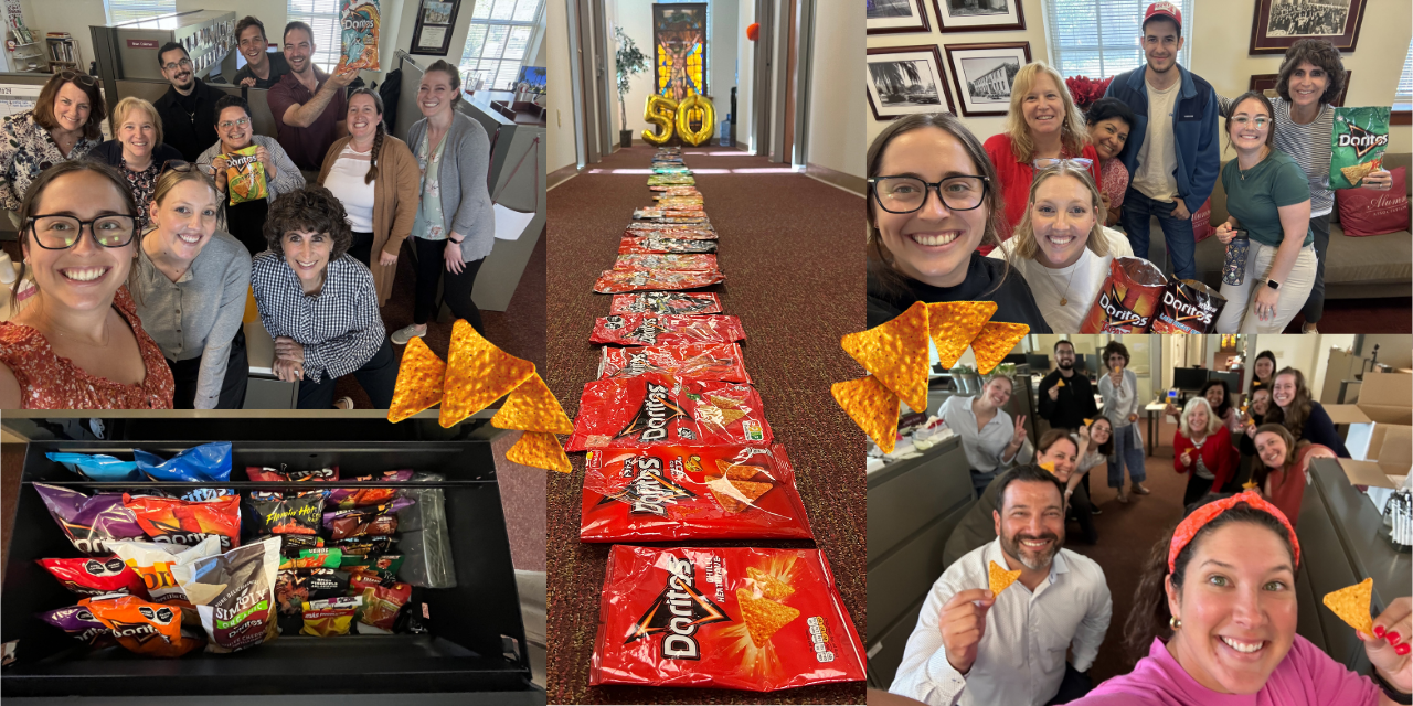 Photo collage of SCUs Alumni Association staff with various bags of Doritos. The large photo in the center is a row of flattened Doritos bags laid out in a color gradient, starting with red, that ends at two gold foil balloons that make up the number 50.