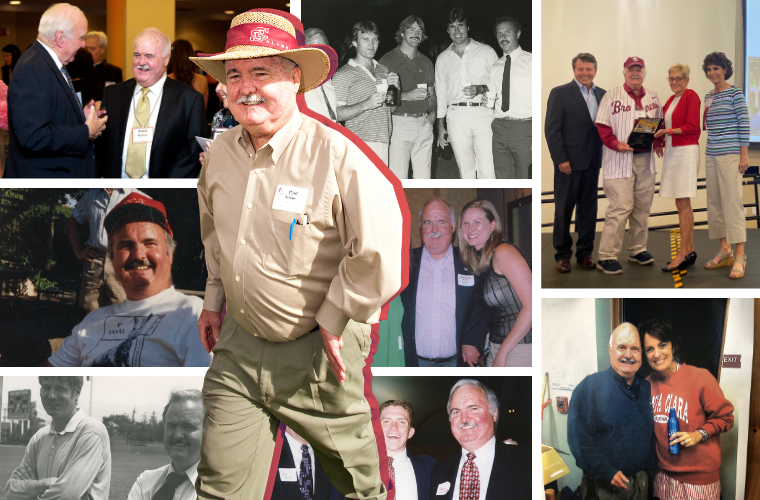 A collage of photos of Paul Neilan through the years with various Santa Clara University alumni, students, and staff.