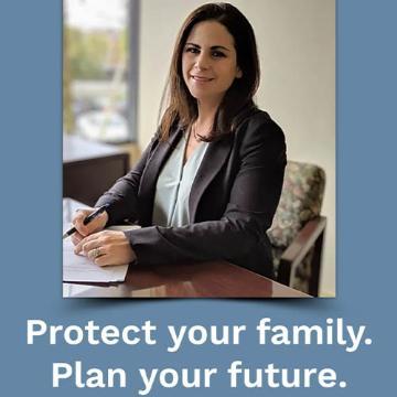 Person sitting at a desk with text: Protect your family. Plan your future.