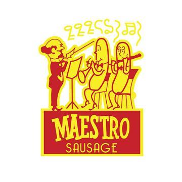 Maestro Sausage Company logo with a sausage figure playing music.