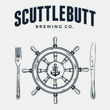Scuttlebutt Brewing Co. logo with a ships wheel, fork, and knife.