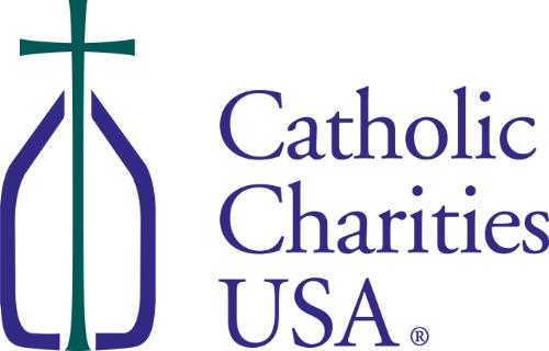Catholic Charities USA logo featuring a cross and shield with text.