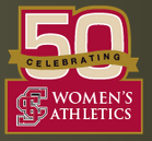 Logo reading 50 Celebrating Womens Athletics with the letters SC intertwined.